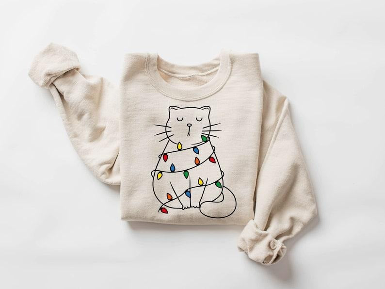 Cute Cat Christmas Sweatshirt, Cat Lover Gift For Christmas, Christmas Cat Graphic Sweatshirt, Womens Christmas Sweatshirt, Cat Mom Shirt, Hoodie and Sweater; T-shirt Cotton Polyester