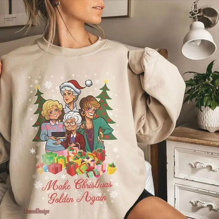 Cute Chibi Golden Girls Sweatshirt, Make Christmas Golden Again Sweatshirt, Gift For Family, VintageSweatshirt