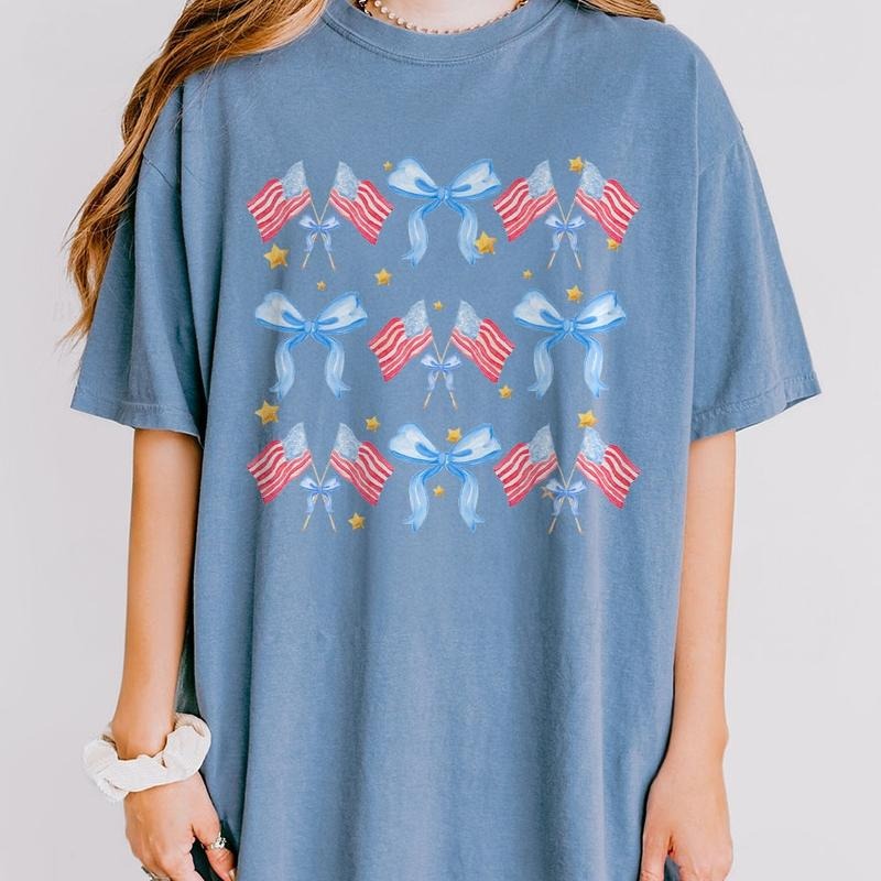 Cute Coquette 4th Of July Shirts, 1776 America T-Shirt, Fourth Of July Tee, Independence Day Shirt, Retro 4th Of July Outfits, American Tee, Independence Day Parade Outfits, 4th Of July Coquette Bows, Women Top Breathable Casual Comfort Comfortable Cotton