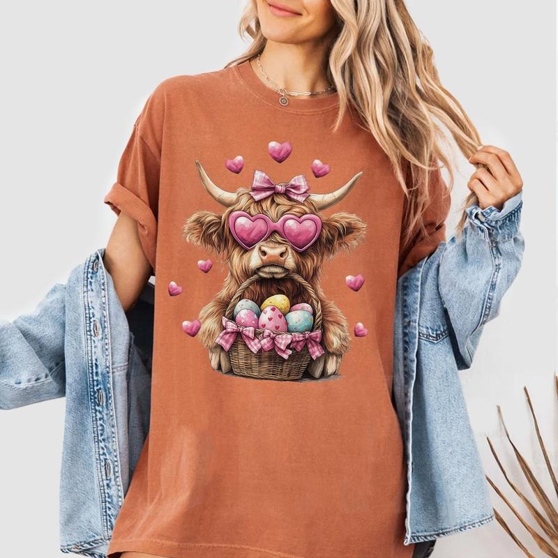 Cute Easter Highland Cow Shirt, Bunny Egg Basket Tee, Heart Glasses Cow Sweatshirt for Women, Spring Farm Animal Graphic Shirt