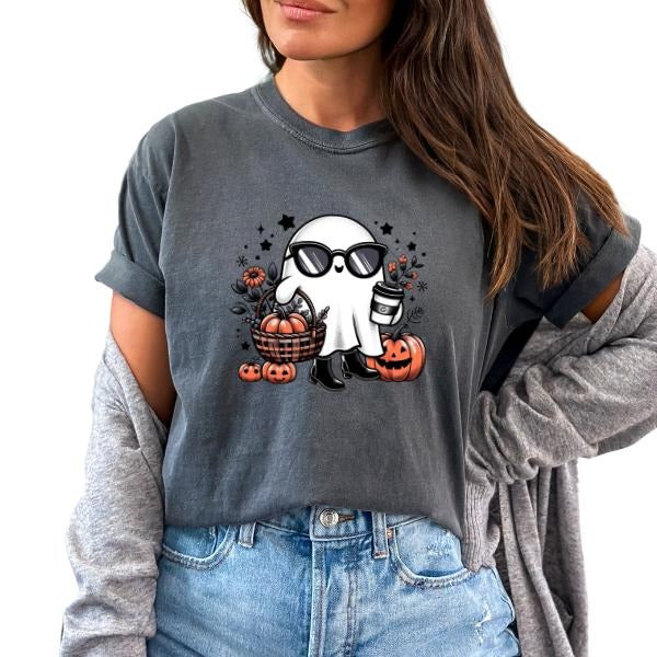 Cute Ghost with Glass, Coffee, Pumpkin, & Fall Leaves Shirt, Short Sleeve Halloween Shirt, Casual T Shirt for Women, Halloween T Shirt, Pumpkin Graphic Tee