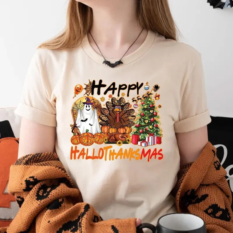 Cute Happy Hallothanksmas Shirt, Hallothanksmas T-shirt, Funny Fall Season Shirt, Spooky Halloween Shirt, Turkey Thanksgiving Shirt,Xmas Tee
