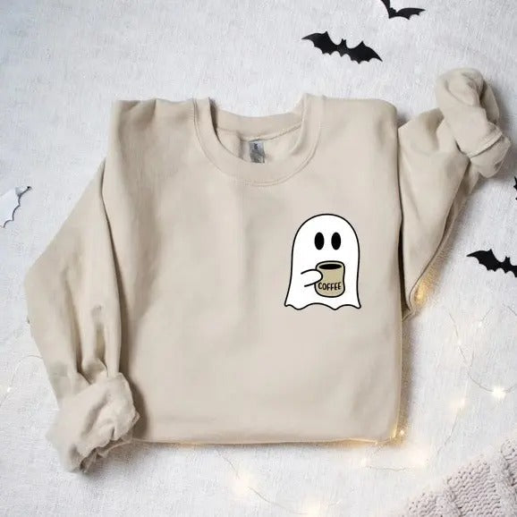 Cute Spooky Coffee Sweatshirt, Womens Ghost Sweatshirt, Spooky Season, Fall Coffee Lover Shirt, Halloween Party Shirt, Fall Graphic Shirt
