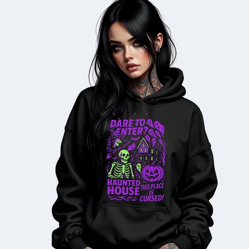 DARE TO ENTER HALLOWEEN SPOOKY Long Sleeve Crewneck Sweatshirt T Shirt or Hoodie Casual Poly Cotton Blend Graphic Design Unisex Fit Pullover Top Gothic Womenswear Comfy Statement