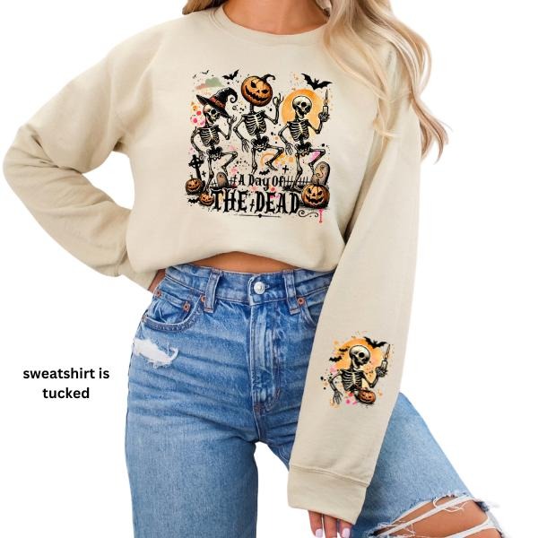 DAY OF THE DE&D Long Sleeve Crewneck Sweatshirt - Unisex, Small to 5X, Full Front Graphic & Sleeve Graphic, Halloween Vibes, Retro-Inspired, Oversized Dancing Skeletons & Pumpkins Design