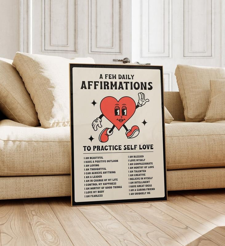 Daily Affirmations Print, Self Love Print, Self Care Wall Print, Positivity Print, Trendy Y2k Illustration, Dorm Room Art, Poster Prints No Frame, Gifts For Her Him Wall Art, Wall Posters, Gifts For Birthday Christmas Xmas Artwork Landscape