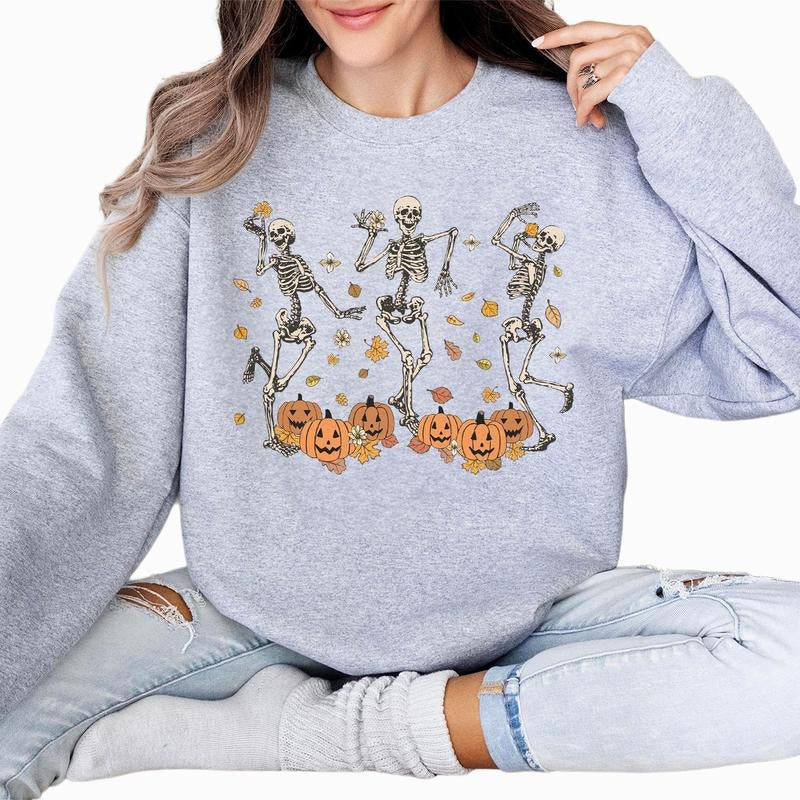 Dancing Skeleton Fall Shirt, Halloween 2024 Shirt Family, Pumpkin Skeleton Tee, Funny Skeleton and Pumpkin Halloween Party, Spooky Season Tee for Mama, Thanksgiving Shirt, Cute Fall Shirt, Comfort Shirt for Mom, Autumn Tee for Mama, Women Top