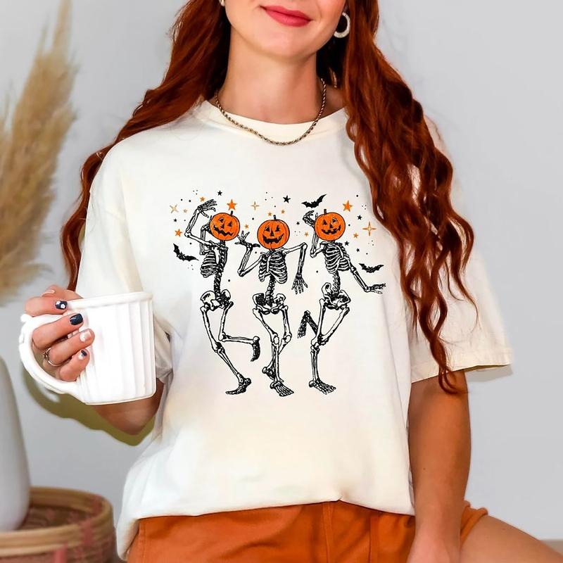 Dancing Skeleton Pumpkin Sweatshirt - Retro Halloween Design, Cotton Fabric, Funny Fall Halloween Party Shirt, Spooky Season Skeleton Shirt
