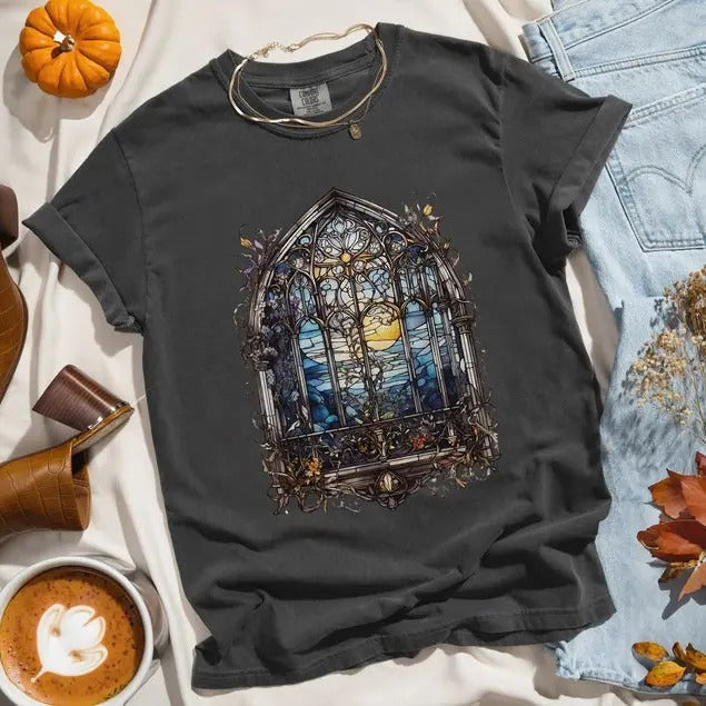 Dark Academia Halloween Shirt, Gothic Aesthetic Shirt, Stained Glass Cathedral Vampire TShirt, Vintage Witchy , Haunted House