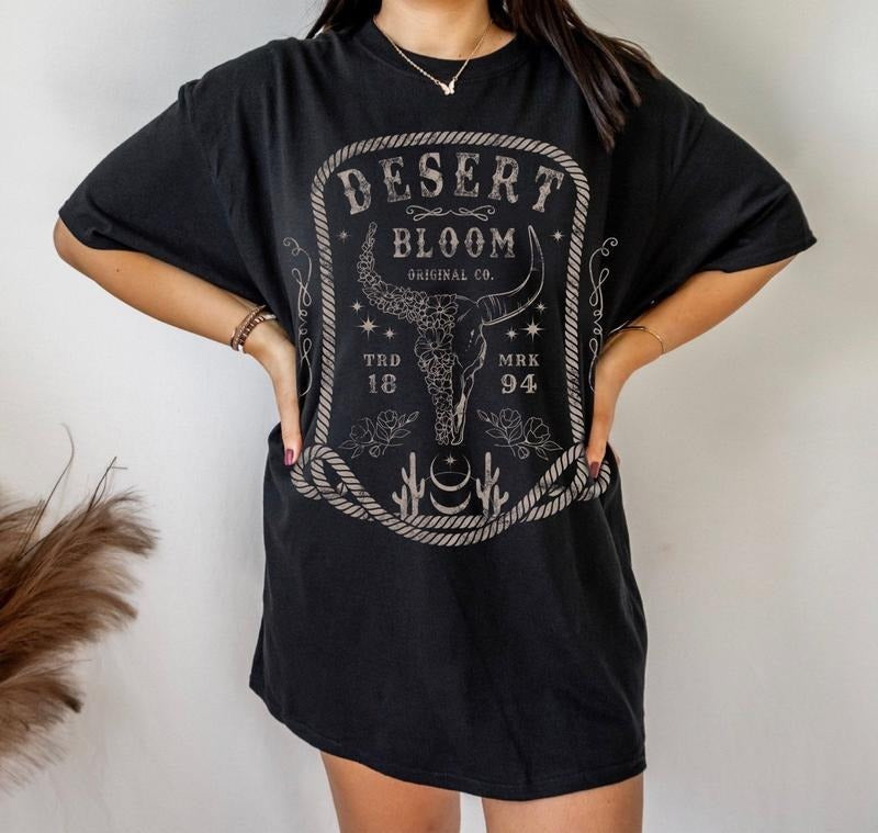 Desert Bloom Western Graphic Tee Wild Flower Shirt Bull Skull Shirt Vintage Inspired Southwest Shirt Distressed Oversized Country Music Tee Trending Funny Quote Shirt
