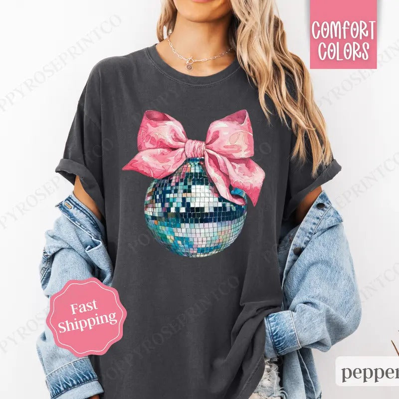 Disco Ball Bow Shirt Comfort Colors, New Year's 2025  Women's Tee, NYE Women's Tshirt
