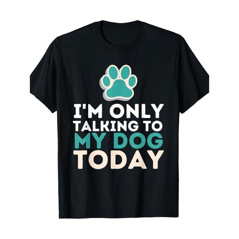 Dog Lover Graphic Tee, 100% Cotton, Regular Fit, Crew Neck, Short Sleeve, Slight Stretch, Geometric Dog Paw & Text Pattern, Casual Pullover for All-Season Top Made in USA