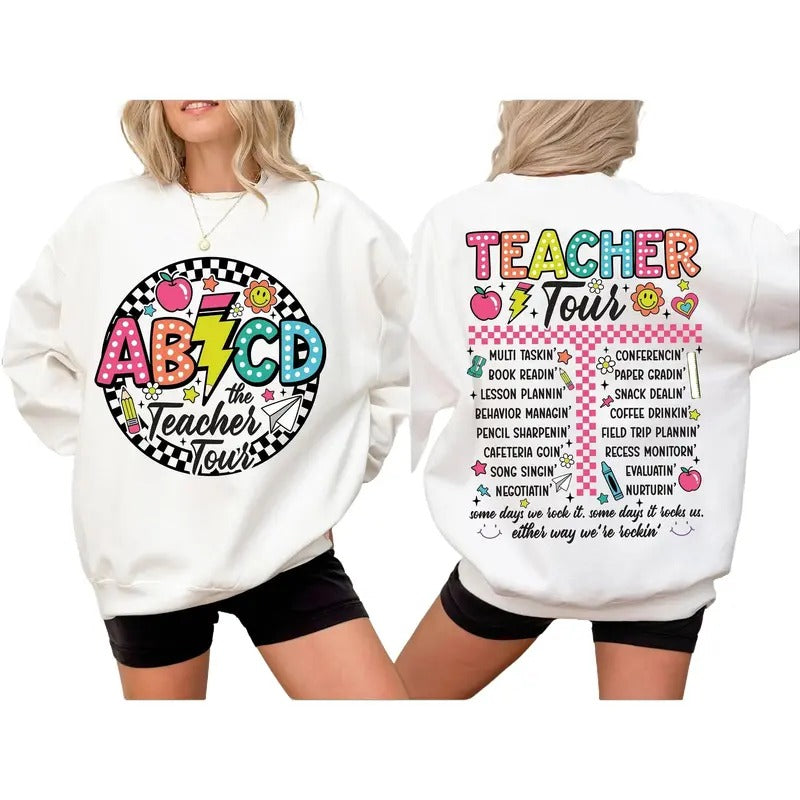 Double Sided Retro Teacher Tour Sweatshirt, ABCD Teacher Tour Sweatshirt, Back To School Shirt, End of Year Shirt, Teacher Gift, Teacher T Shirt, Elementary School