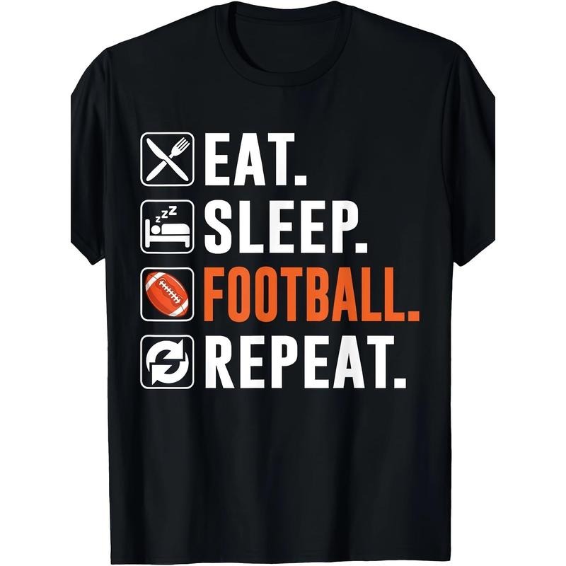 Eat Sleep Football Repeat Graphic T-Shirt, 100% Cotton, Casual Crew Neck, Short Sleeve, Regular Fit, with Slight Stretch, for Adults, All-Season Knit Fabric Made in USA