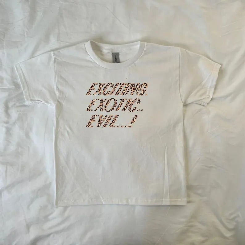 Exciting, Exotic, Evil Baby Tee, y2k clothing, Pinterest ,vintage, leopard print, 90s style baby tee, streetwear, ahs style, Retro