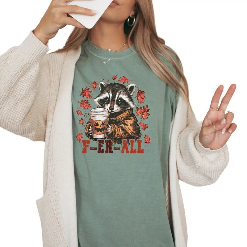 F-Er-ALL Raccoon Uniszed Sizing T-Shirt for Women, Causal Short Sleeve Shirt, Funny Fall Raccoon Vintage Style Graphic Tee, Comfortable Oversized Fall T Shirt, Raccoon Lover, Printed Tee, Womenswear, Women's top