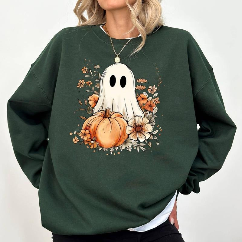 Fall Autumn Ghost Sweatshirt, Halloween Sweatshirt For Girls, Spooky Ghost Sweatshirt, Halloween Ghost Vintage Sweatshirt, Halloween Crewneck, Comfy Long Sleeve Pullover, Cute Women's Tops, Fall Winter Casual Womenswear, Comfort Cotton Fabric Relaxed Top