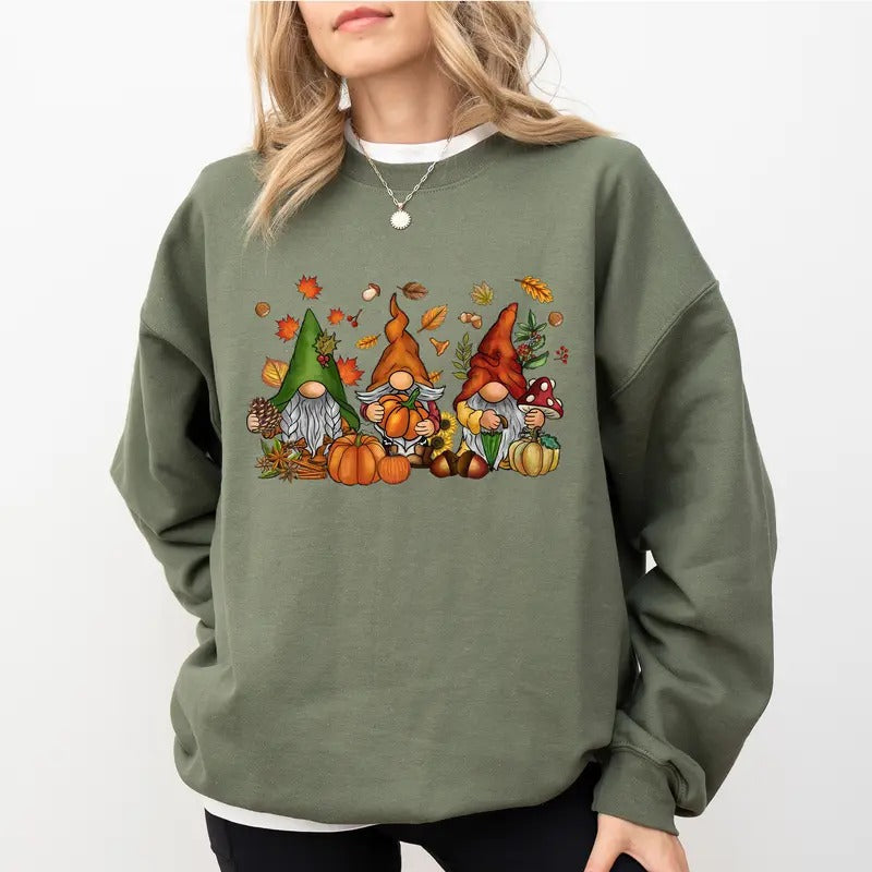 Fall Gnomes Sweatshirt, Vintage Gnomes Sweater, Autumn Apparel for Girls, Fall Gnome Crewneck for Women, Thanksgiving Gnomes Sweater, Thanksgiving Sweatshirt, Comfy Long Sleeve Pullover, Cute Women's Tops, Fall Casual Womenswear, Comfort Fabric Cotton Top