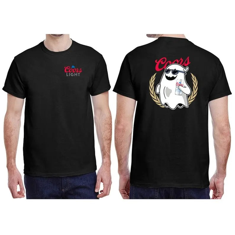 Fat Ghost Hold Beer T-Shirt - Black Cotton Top with Graphic Design, Perfect for Halloween and Fans, Ideal Gift for the Holiday