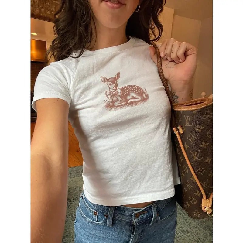 Fawn Coquette Vintage Drawing Cinnamon Girl Aesthetic Baby Deer Y2K Baby Tee Gildan 5000B