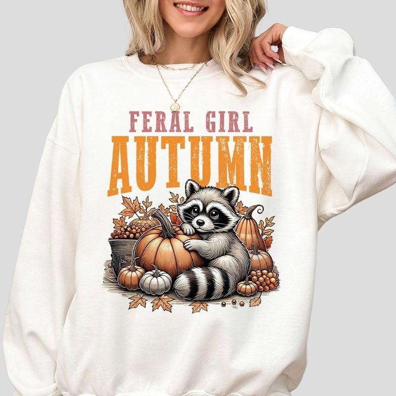 Feral Girl Autumn Sweatshirt, Fall Raccoon Shirts, Funny Autumn Sweatshirt, Shirt For Women, Funny Raccoon T-shirt, Pumpkin Spice Sweatshirt, Halloween  Raccoon Shirts, Women's Tops, Retro Fall T-shirt, Funny Shirt For Her