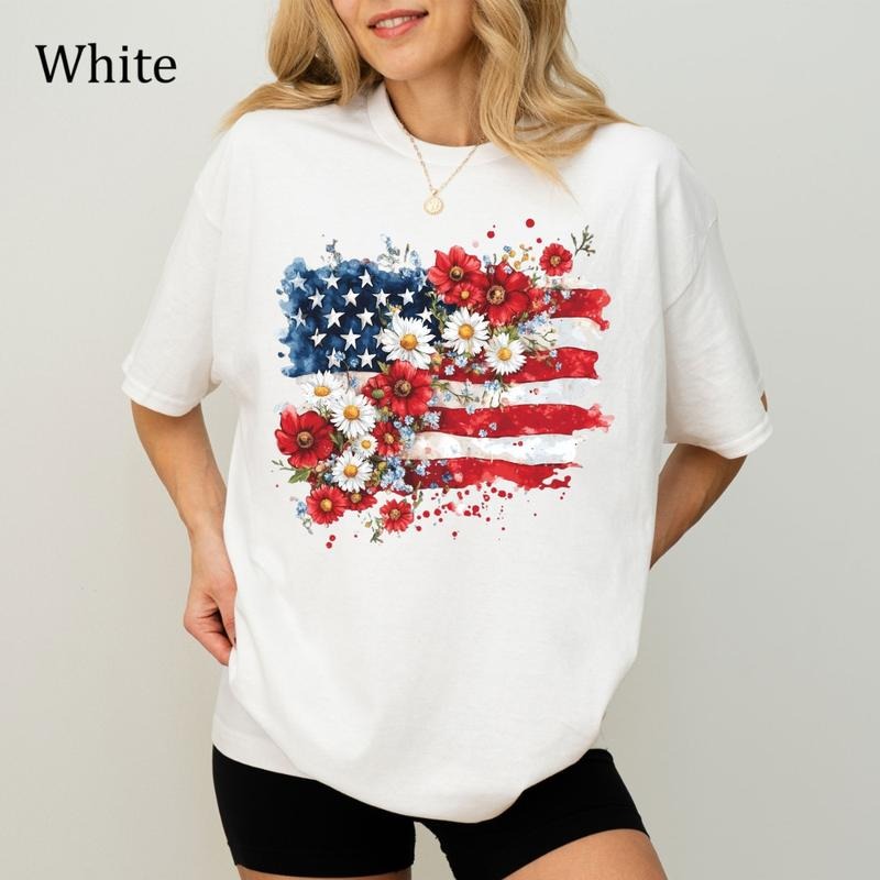 Floral American Flag T-Shirt, Coquette 4th of July Tee, USA Patriotic Shirt, Ultra Soft Cotton Tee, Everyday Casual Wear