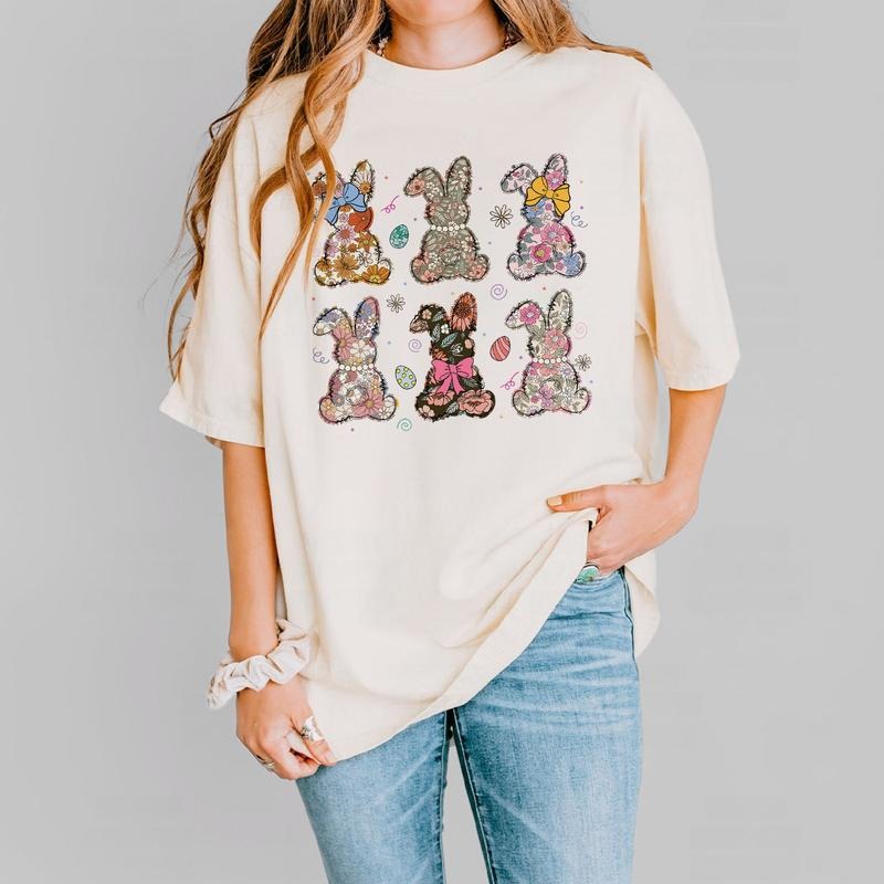 Floral Bunny Easter Shirt, Vintage Spring Bunny Tee, Pastel Easter Outfit for Women, Cute Retro Bunny Graphic Shirt