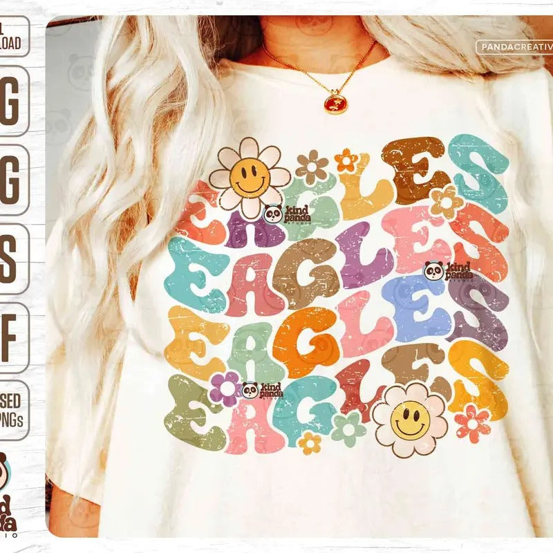Floral Eagles Svg Png Retro American Football Sublimation Groovy College Game Day Shirt Design Distressed Girls Football Mascot Dtf Dtg