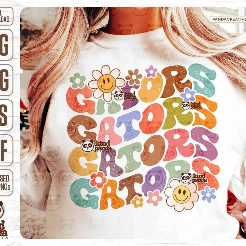 Floral Gators Svg Png Retro College Game Day Shirt Design Groovy American Football Sublimation Distressed Girls Baseball Mascot Dtf Dtg