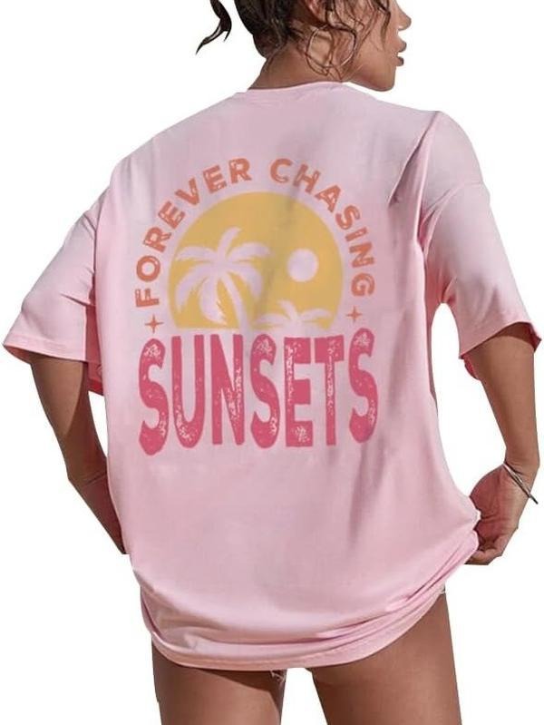 Forever Chasing Sunset Shirts Women Vintage Beachy Oversized Summer T Shirt for Women Cotton
