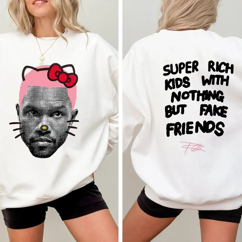Frank PINK Kitty Big Face Graphic Rap Sweatshirt Double Sides