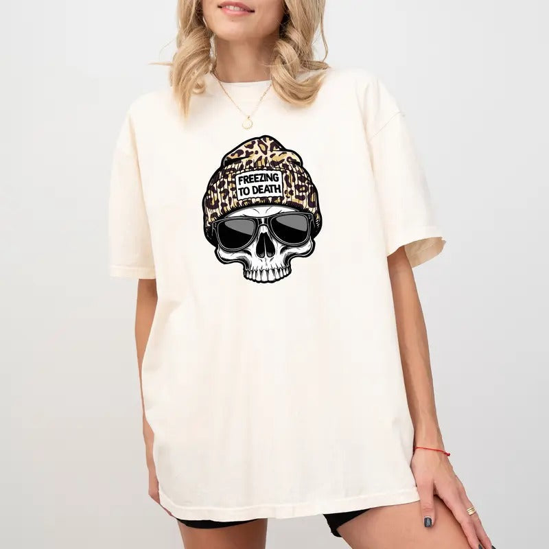 Freezing To Death Shirt Comfort Colors, Vintage Skeleton Women Tee, Retro Skull Leopard Graphic Tee, Winter Sweater for Girls, Funny Long Sleeve Pullover, Oversized Womenswear, Unhinged Comfy Fabric, Relaxed Fit Chic Style
