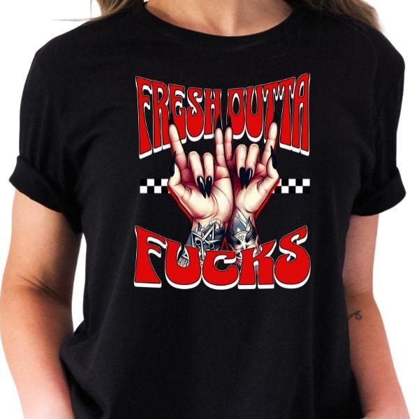 Fresh Outta F&cks Grunged Inspired Graphic Tee, Offensive Short Sleeve Shirt, Peace Sign Hands T Shirt, Casual T-Shirt For Goth Aesthetic