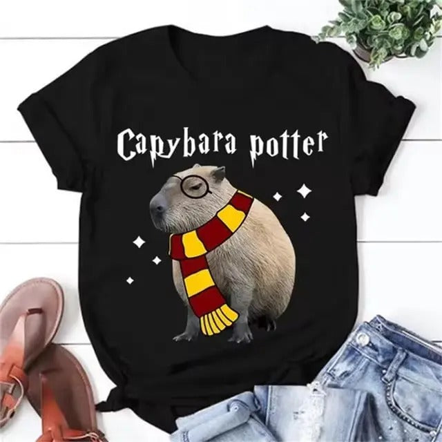Funny Capybara Potter Vintage Graphic T Shirt for Men Womens Clothing 3D Capy Print T-Shirt Cute Short Sleeve Casual Tee Shirts Tops Menswear