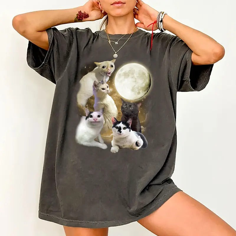 Funny Cats Meme Shirt, Vintage Cats Moon Tshirt, Funny Cat Meme Tee, Retro Y2k Galaxy Cat Shirt, Humor Cats Tee, Cat Lover Gift Shirt, Cat Mom Cat Dad Tees, Casual Women's Tops, Unhinged Menswear, Comfy Cotton Fabric Oversized Tee, Relaxed Fit Chic Style