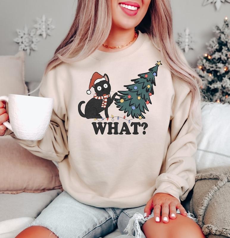 Funny Christmas Cat Sweatshirt, What Christmas Cat Sweater, Christmas Gifts for Cat Lovers, Christmas Lights Shirt, Christmas Cats Shirt, Hoodie and Sweater; T-shirt Cotton Menswear