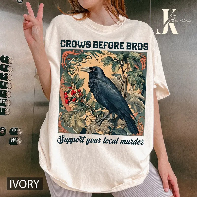 Funny Crows Before Bros T-Shirt, Goblincore Witchy Shirts, Vintage Raven Shirt, Dark Academia Shirts,Women Halloween Crewneck