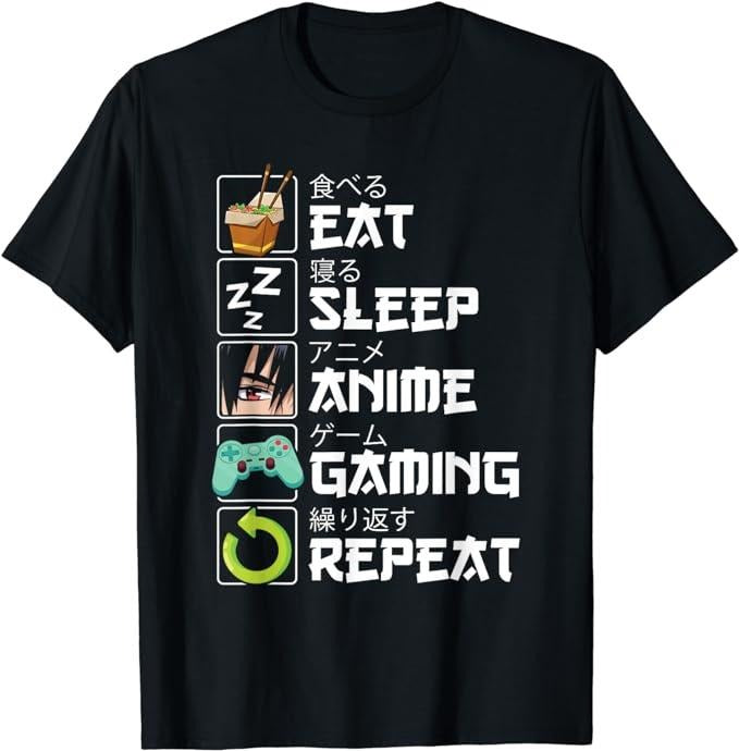 Funny Gamer Shirts, Special Gifts For Gamers, Eat Sleep Anime Gaming Repeat Kawaii Otaku Anime Manga T-Shirt Menswear Top Casual Classic