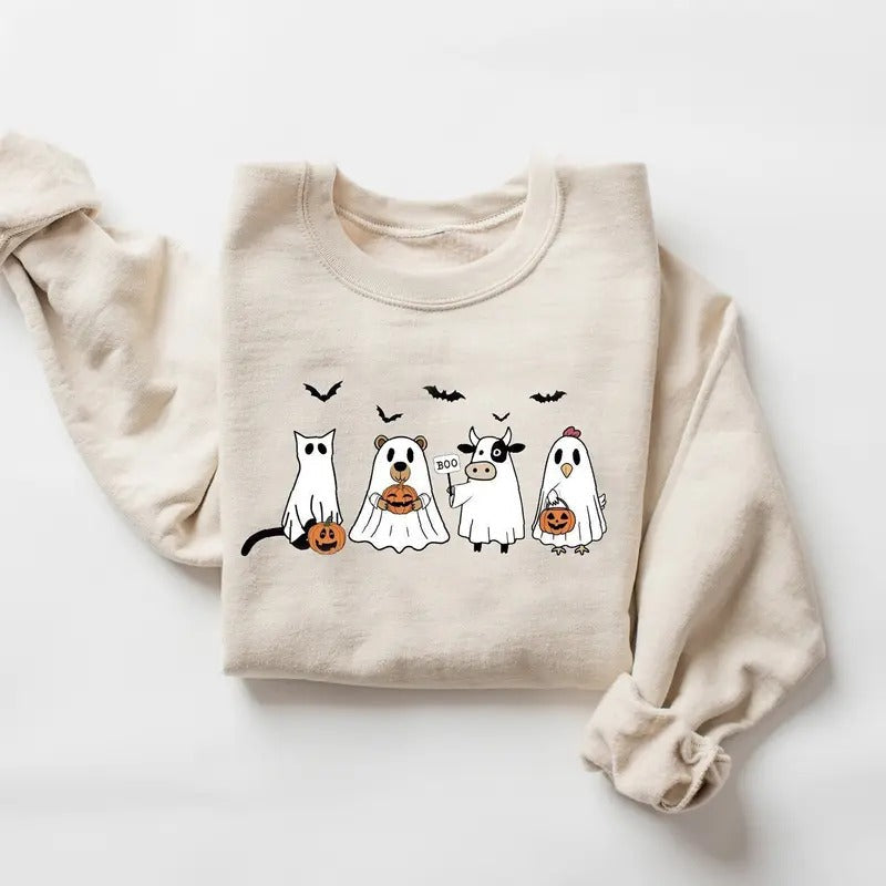 Funny Halloween Ghost Animal Sweatshirt, Ghost Cat, Ghost Cow Ghost Chicken Halloween Sweatshirt, Funny Halloween Gift Shirt, Spooky Season Shirt