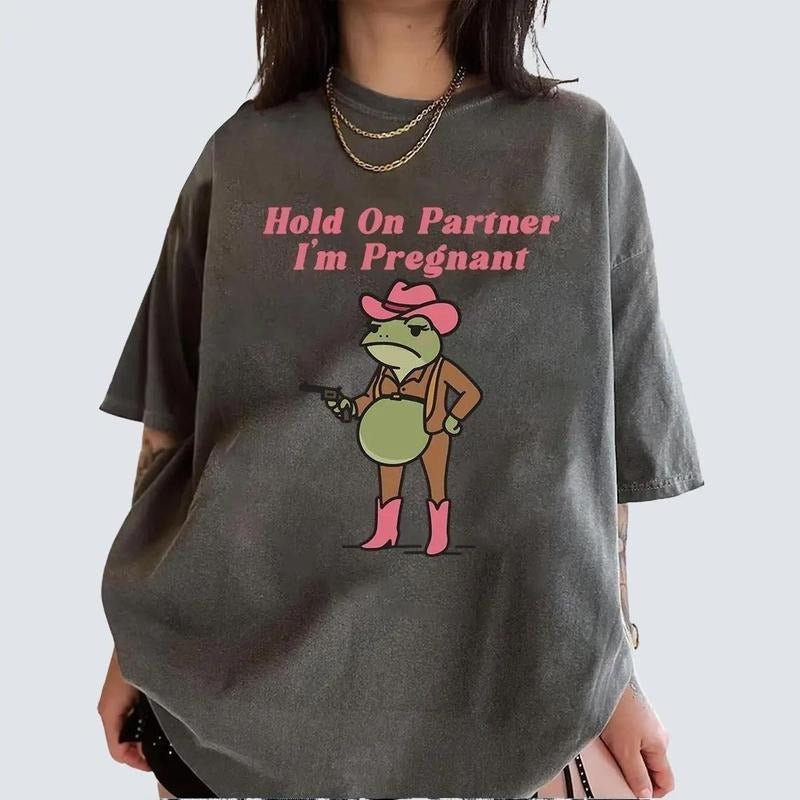 Funny Pregnancy Reveal Shirt Hold On Partner I'm Pregnant Cowboy Frog Pregnancy Announcement Meme Maternity Gift Expecting Baby