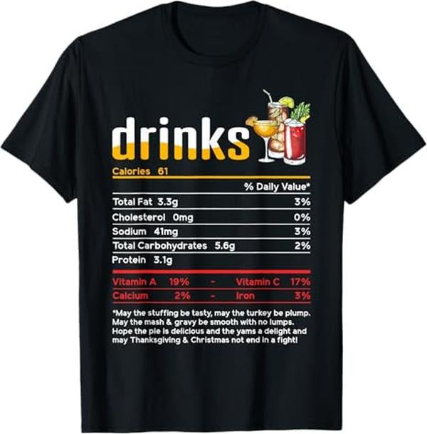 Funny Thanksgiving Shirts, Funny Drinks Nutrition Facts Thanksgiving Christmas T-Shirt - Menswear Top