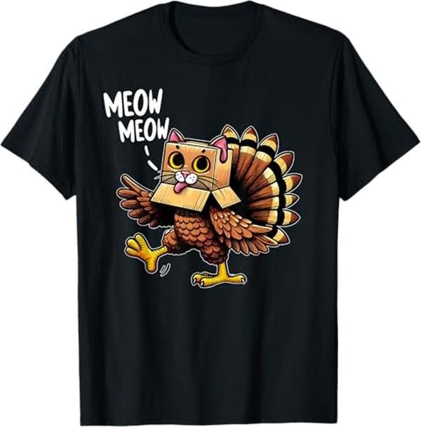 Funny Thanksgiving Shirts, Funny Turkey Cat Meow Happy Thanksgiving Day T-Shirt - Menswear Top