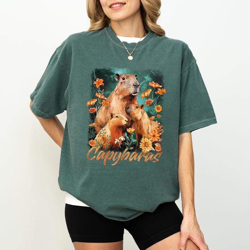 Funny Vintage Capybara Shirt, Floral Capybara Graphic Tee Women, Cute Animals Shirt Gifts, Capybara Social Club T-shirts, Comfort Shirt Casual Style, Cotton Fabric Outfit, Gift for Capybara Lover, Womenswear Top Cotton Fabric Tee
