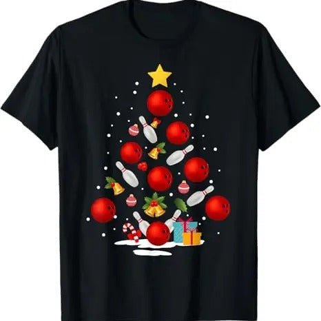 Funny Xmas Men Women Family T-Shirt, Funny Bowling Christmas Tree Lights Xmas Gifts T-Shirt - Menswear Top