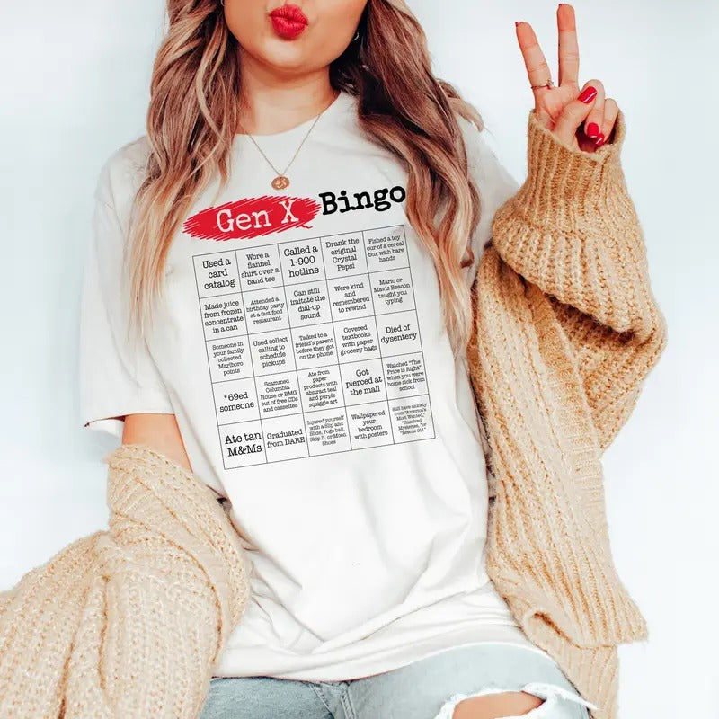 Gen X Bingo T-Shirt, Generation X Shirt, Retro Gen X Graphic Shirt, Generation X Shirt, Full Size, Full Colors Cotton Top