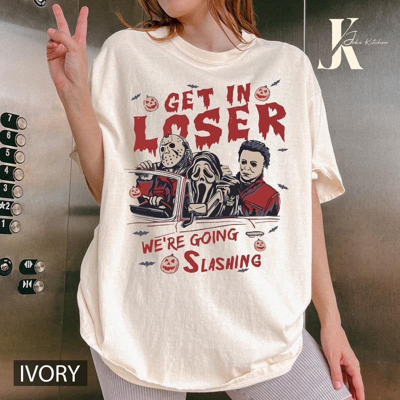Get In Loser We Are Going Killing Shirt, Retro Halloween Shirt, Halloween Horror Movie Characters Shirt, Horror Halloween Crewneck, Vintage Scary Movie Shirt, Horror Movie Fan Gift