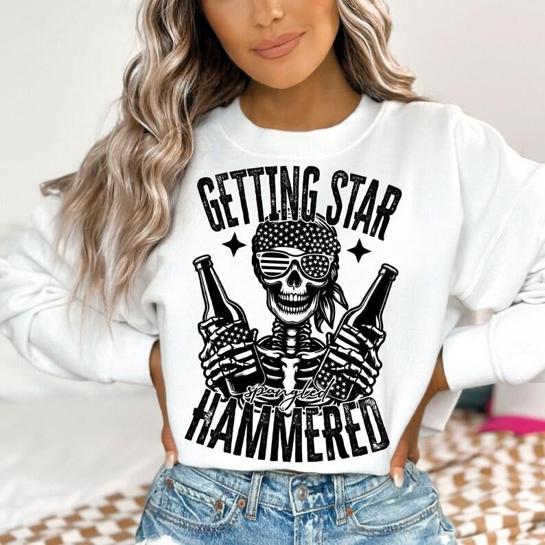 Getting Star Spangled Hammered  Trendy 4th of July Funny Skeleton Fourth of July