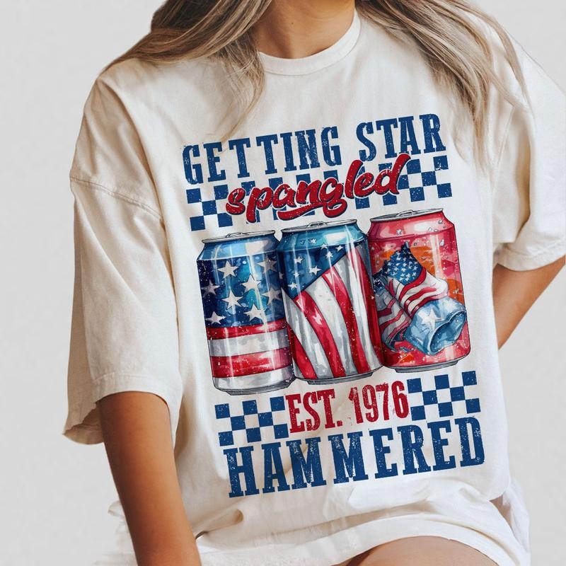 Getting Star Spangled Hammered Shirt, Funny 4th of July T-Shirt, Patriotic Drinking Tee, Independence Day Party Shirt, USA Flag Beer Can Design, Retro American Pride Shirt, Women's Casual Wear, Comfortable Summer Top, Fourth of July Celebration