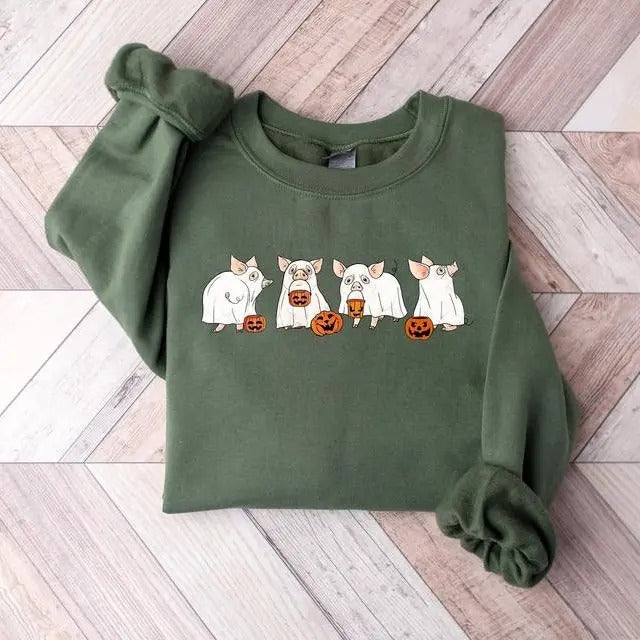 Ghost Pig Halloween Sweatshirt, Halloween Crewneck Ghost Sweatshirt, Pig Lover Gift, Funny Halloween Pig Sweatshirt, Gift for Men, Women