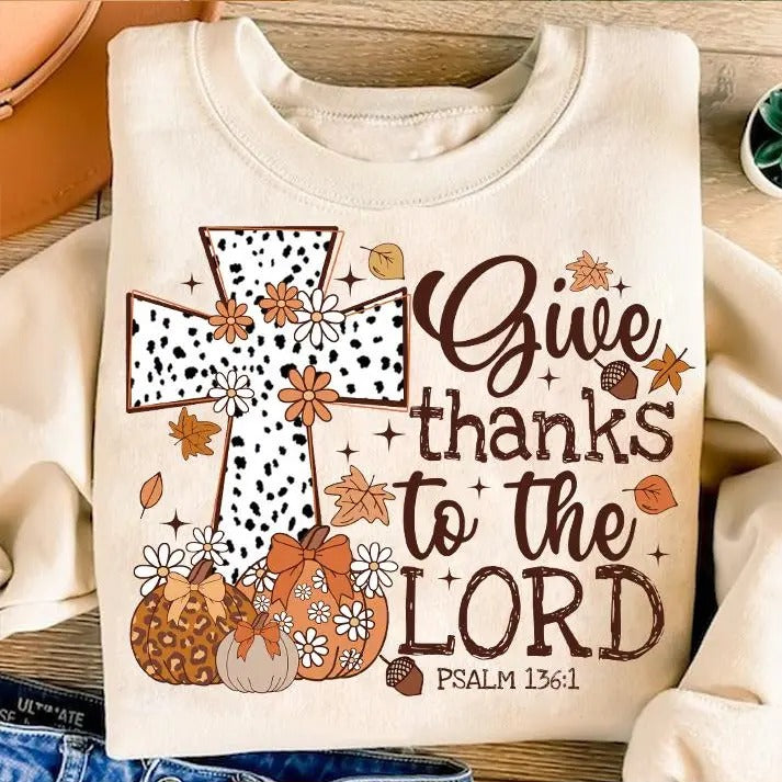 Give Thanks to The Lord T-Shirt, Fall Leopard Pumpkin Thanksgiving Sweatshirt, Christian Fall Jesus Cross Clothing, Dalmatian Dots, Unisex Classic Cotton